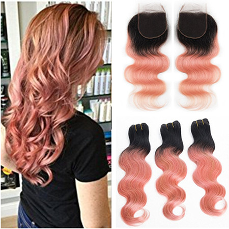

Brazilian Ombre Pink Virgin Human Hair Weaves with Closure Body Wave 1B/Rose Gold Dark Root Ombre 4x4 Lace Closure with Weave Bundles, #1b/rose gold
