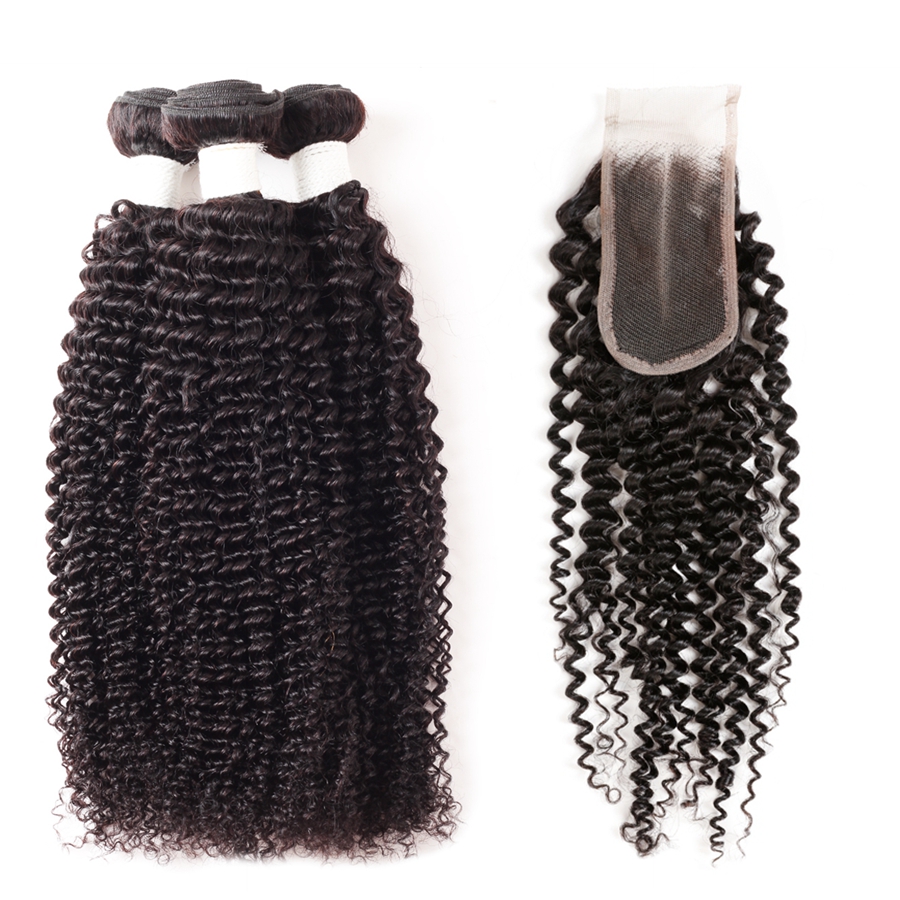 

Ishow Brazilian Human Hair Bundles Kinky Curly 3pcs with 2*4 Closure Natural Black Wholesale for Women All Ages 8-28inch, Natural color
