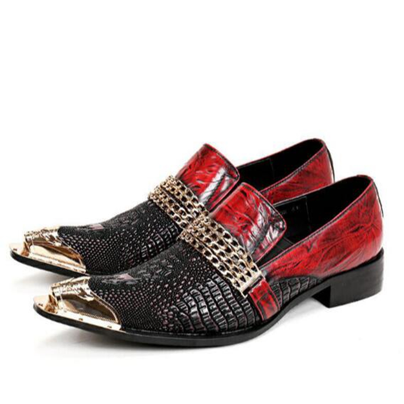 

Handmade Alligator Leather Metal Toe Men Shoes With Gold Chain Buckle Black Red Party Banquet Men Dress Wedding Loafers Shoes