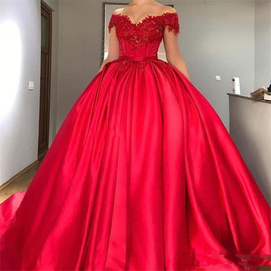 

Modest Off Shoulder Red Ball Gown Quinceanera Dresses Appliques Beaded Satin Corset Lace Up Prom Dresses Sweet Sixteen Dresses