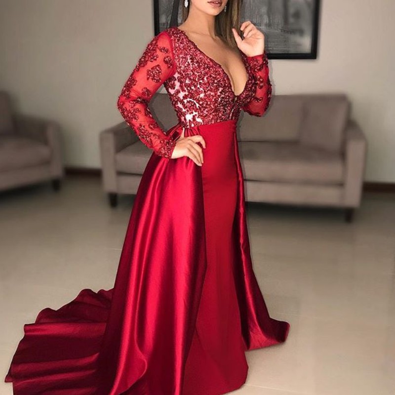 

Sexy Deep V-Neck Prom Dresses With Overskirt Beads Lace Applique Long Sleeve Satin Mermaid Party Dress Glamorous Dubai Saudi Evening Gowns, Gold