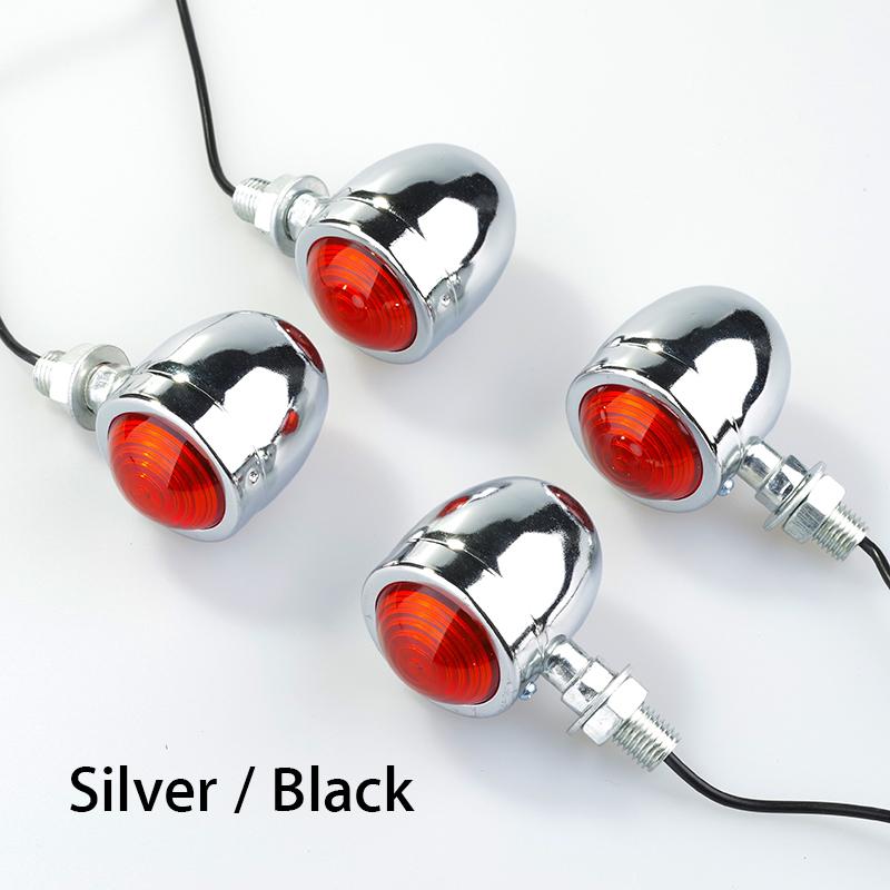 

4 x Motorcycle Black/Silver Turn Signal Light Indicator Flasher Blinker Chopper Bobber Oldschool Cafe Racer Universal