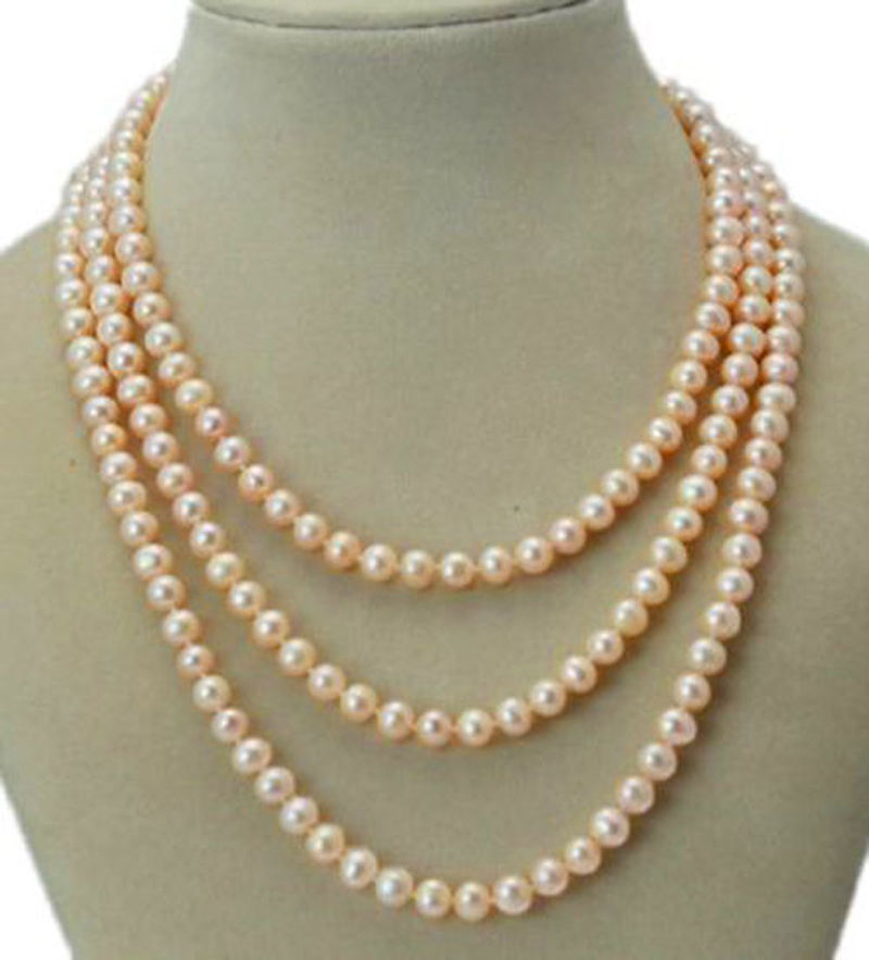 

Long 48" 7-8mm Real Natural Pink Akoya Cultured Pearl Without Clasp Necklace, Silver