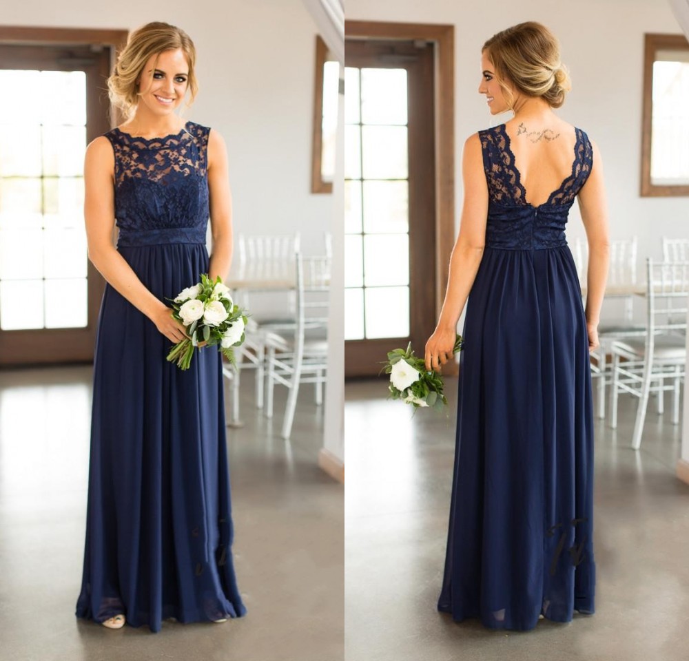Navy Blue Bridesmaid Dresses 2020 Country For Weddings Chiffon Jewel Neck Lace Backless Floor Length Plus Size Formal Maid of Honor Gowns