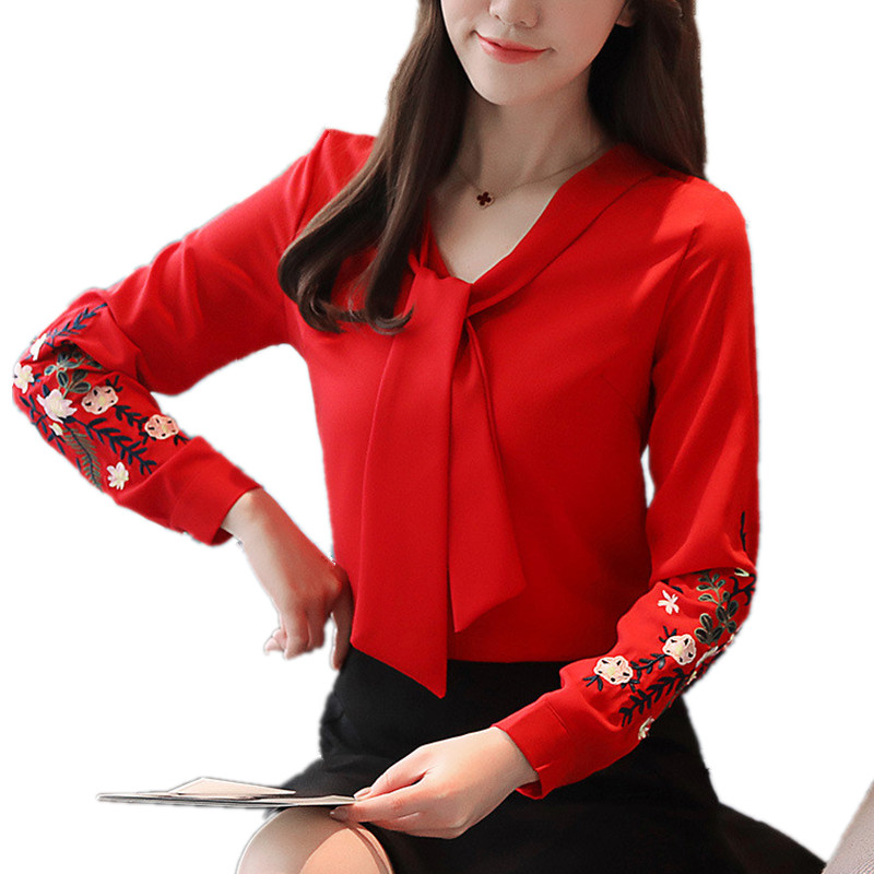 

Women Spring Large Size Loose Casual Women Chiffon Shirt Floral Embroidery Office Shirt Long Sleeve Office Blouse TT3976, Black