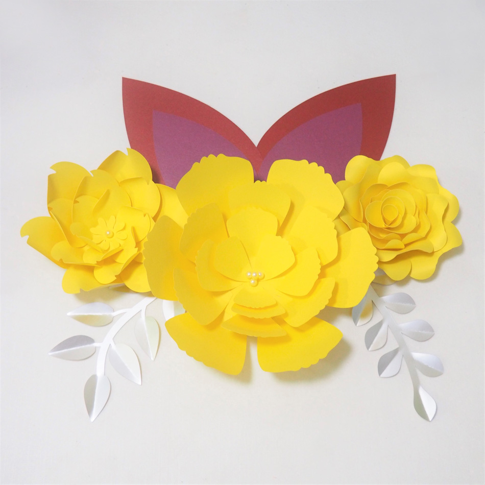 

DIY Giant Paper Flowers Craft Artificial Rose Fleurs Artificielles Backdrop 3pcs+ 2 Leave + 2 Ears Wedding Party Nursery Decor With Video, As