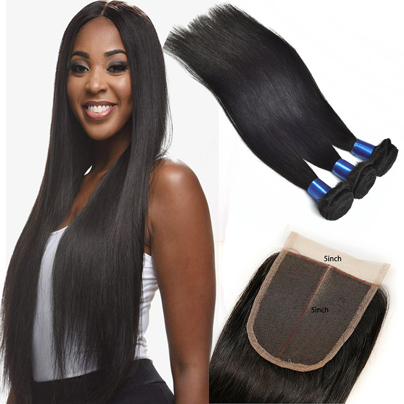 

Indian Virgin Hair Bundles With 5X5 Lace Closure 4 Pieces/lot Straight Human Hair 3 Bundles With 5 By 5 Closure Middle Three Free Part 8-28, Natural color