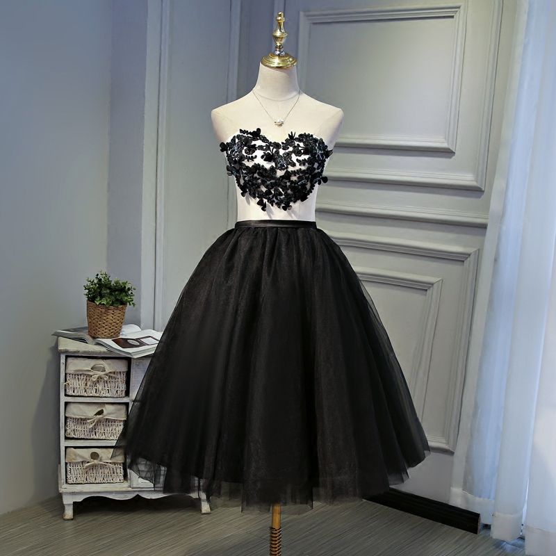 

Tea Length Prom Dress Black Ball Gown Prom Dresses Pleats tulle Skirt Sexy party Dresses 2018 Real Pictures, Same as image