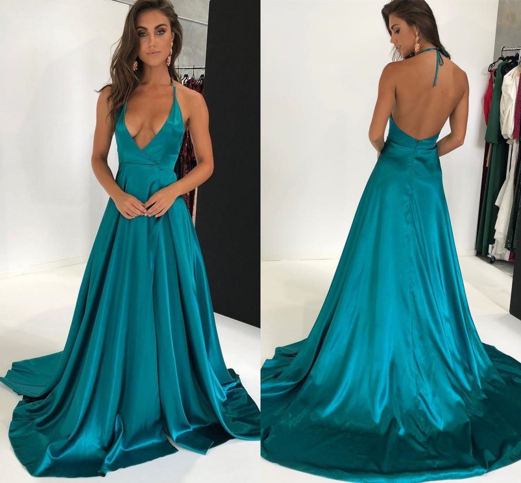 

Sexy Backless Evening Dresses Deep V Neck Halter Straps Split Side Sweep Train Prom Dresses Simple Party Dresses, Hunter green