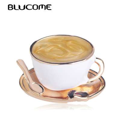 

Blucome Fashion Coffee Cup Spoon Disc Shape Brooches White Enamel Gold Color Brooch Pins Women Men Clothes Suit Coat Accessories