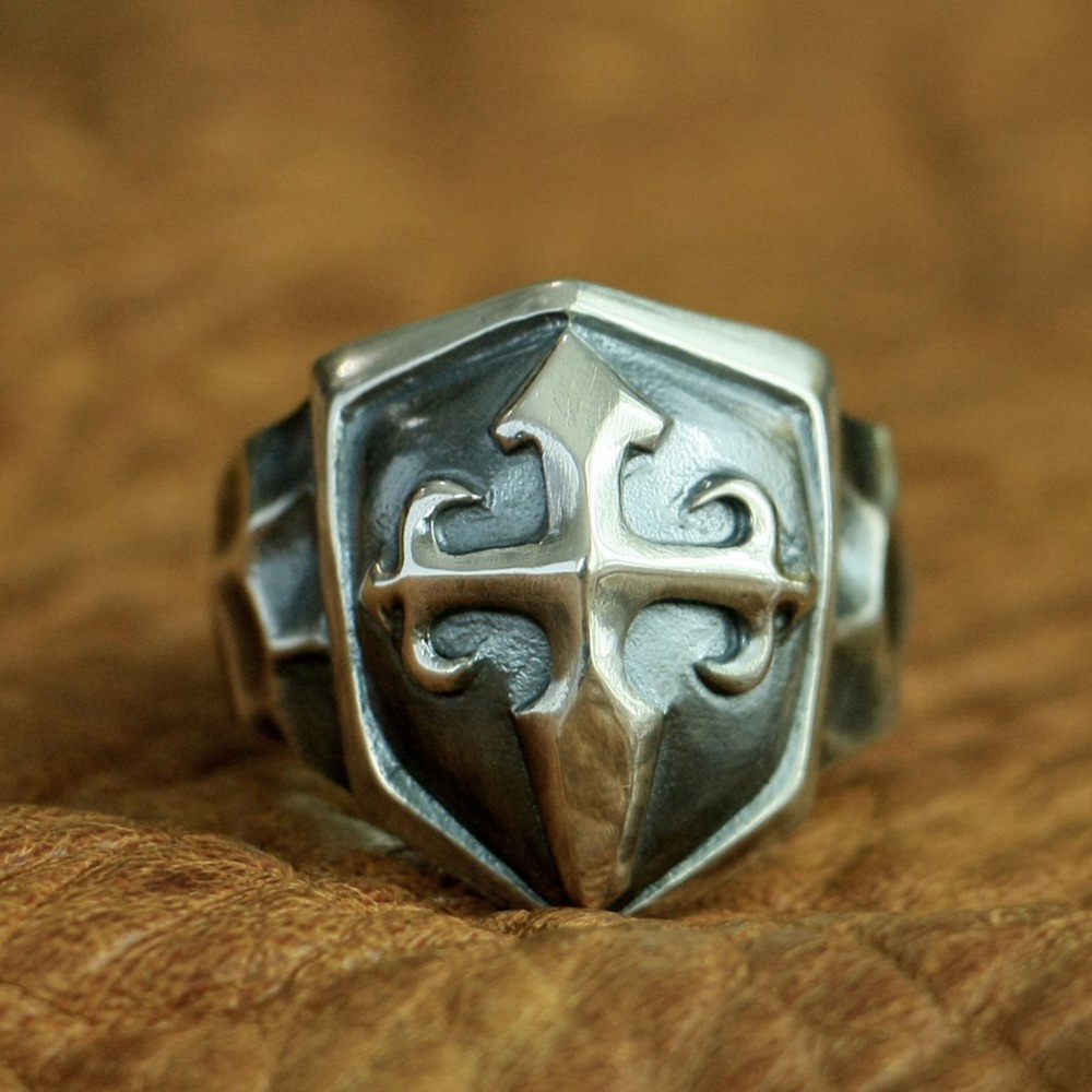 

LINSION 925 Sterling Silver Handmade Shield Cross Ring Mens Biker Punk Ring TA92