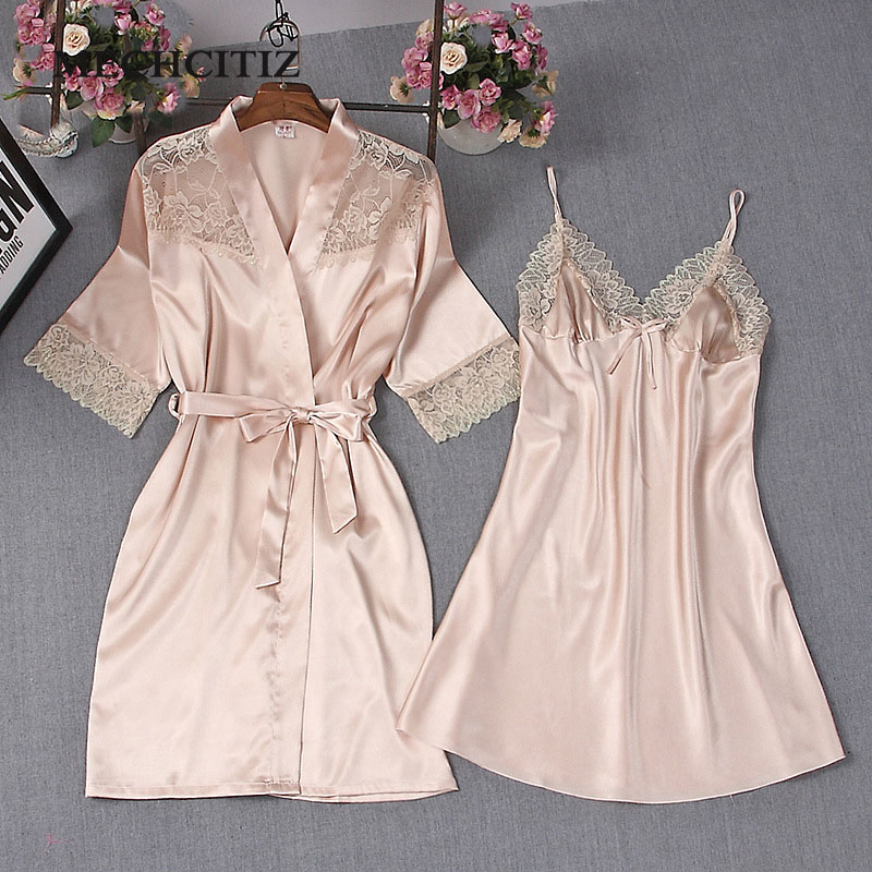 

MECHCITIZ 2018 sexy women's pajamas lace flower pink silk robe & gown sets M L  three size nighties bathrobe + night dress, Coral red