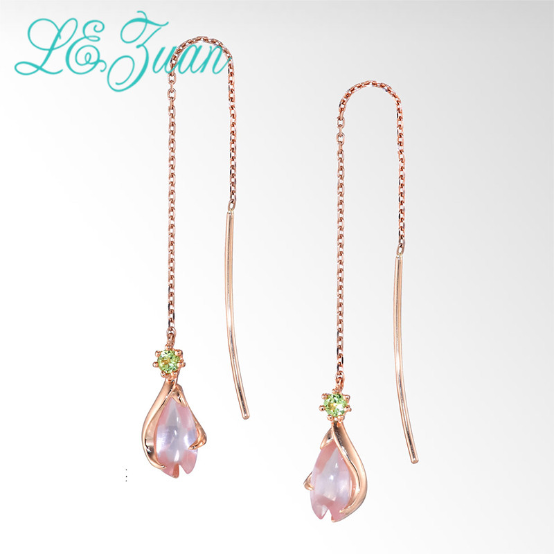 L&zuan Rose Gold Floral Long Earrings for Women 925 Sterling Silver Pink Quartz Dangle Earrings Blossom Fine Jewelry