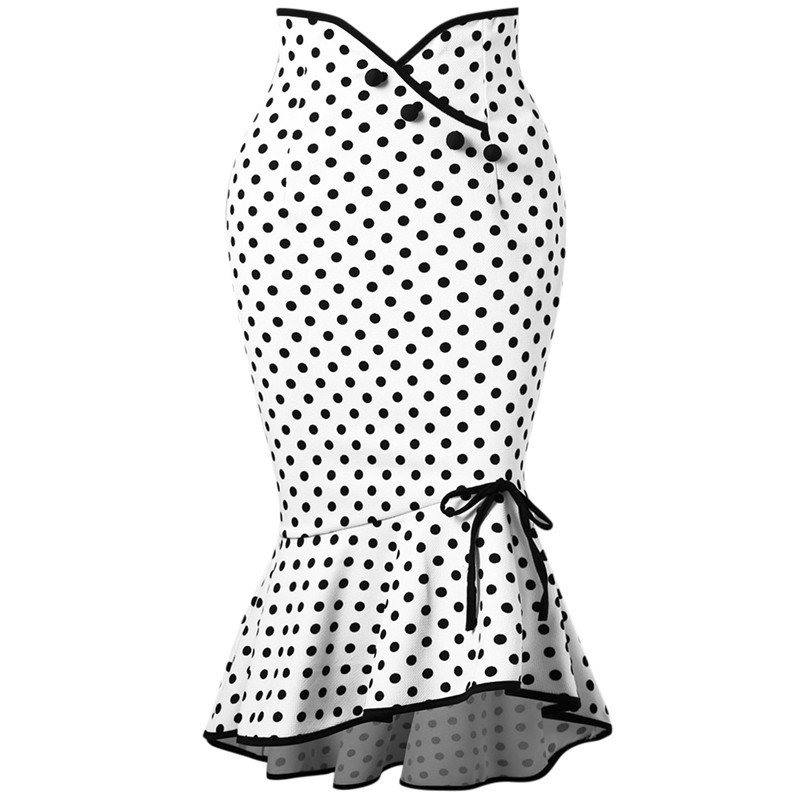 

new fashion black white polka dots trumpet mermaid short skirts for women sheath ruffles short dress with buttons fs5005, Same as picture