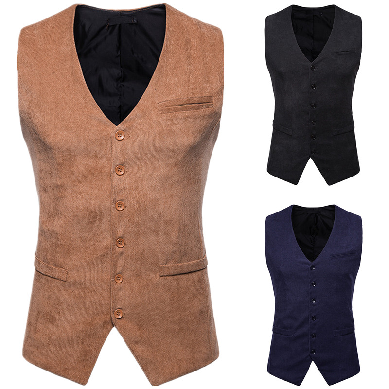 Hot Sale Vests For Wedding Brown Black Color Men Vests Corduroy Formal Groom's Suit Vest Slim Fit Waistcoat For Men High Quality