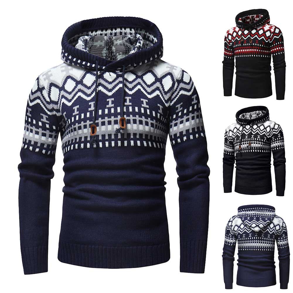 new mens hoodies sweaters fashion contrast color stitching joker cap slim knitted sweaters