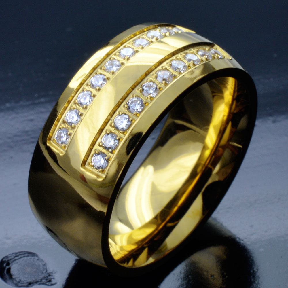 

Men's Gold Tone Stainless Steel CZ Wedding Engagement Ring Band R276A SZ10-15