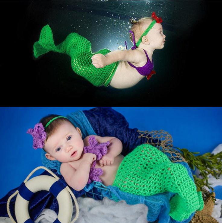 

Crochet Mermaid Cocoon and Headband Photography Props Newborn Girls Mermaid Costume Baby Crochet Outfits 1set, Blue