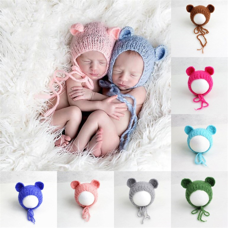 

Crochet Knit Newborn Mohair Hat Fluffy Crochet Teddy Bear Bonnet Hat Beanie Photography Prop Newborn Baby Photography Props, Mix colors