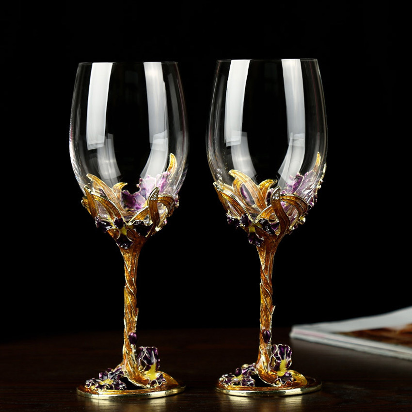 

GFHGSD High-grade Crystal Champagne Flutes Stand Metal with Enamel Creative Style Goblet Glass Wedding Birthday Gifts LK1015