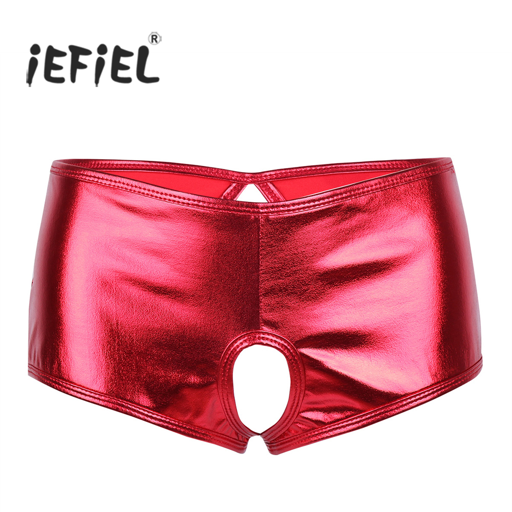 

iEFiEL Lingerie Women Lingerie Wetlook Open Butt Faux Leather Crotchless Bikini Brief Underwear Underpant Sexy With Hole Panties, Black