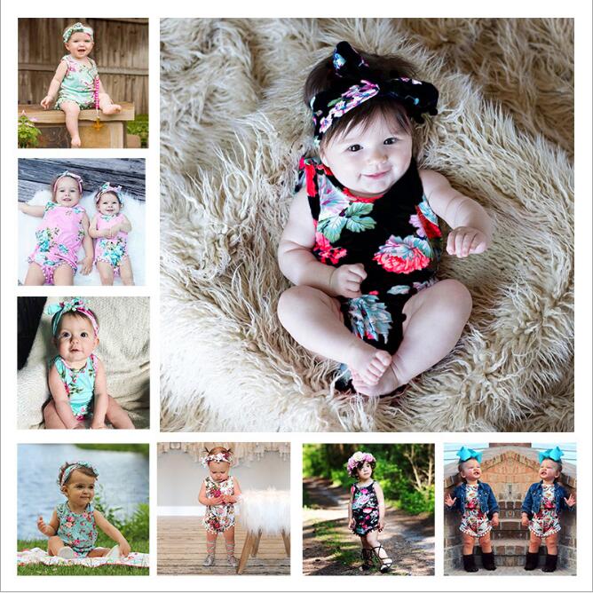 

Mix 7 Colors Ins Baby Girls Floral Printed Tassels Romper two pieces Sets with Butterfly headbands Infant Toddler Sleeveless Jumpsuits cloth