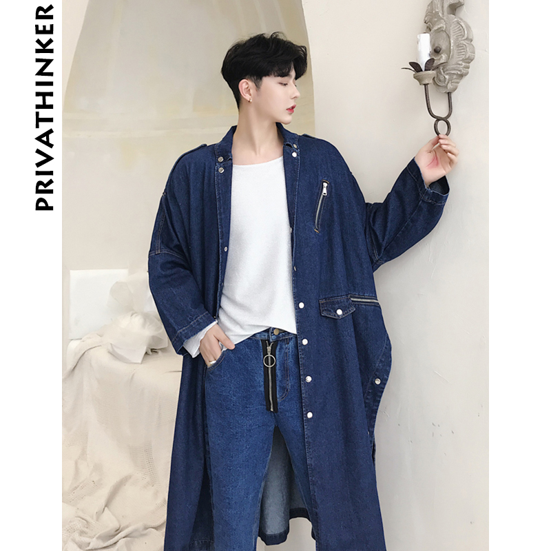 Men Jeans Trench Coat 2018 Mens Japanese Streetwear Long Denim Jackets Windbreaker Male Designer Winter Overcoat