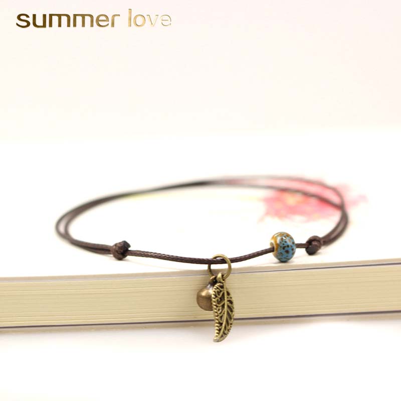 

Vintage Ethnic Ceramic Beaded Bracelet Anklet Couples Braided Rope Leaf Charm Anklet for Woman Man Boudoir Bohemian Pendant Jewelry 2018