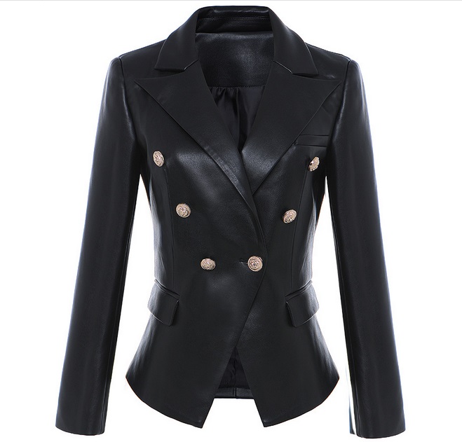

New Style Top Quality Original Design Women's Slim Classic Leather Blazer Jacket Metal Buckles Double-Breasted Black Motorcycle Jacket Coat