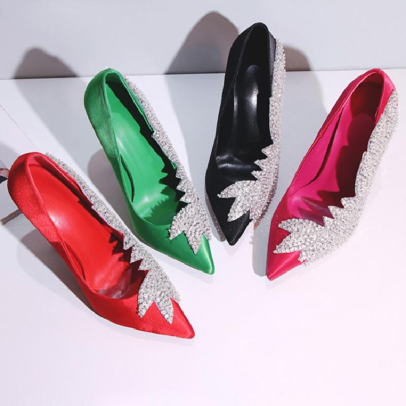 

Wings High heels Women Fine with Spring Satin Shallow mouth shoes Women's pointed Rhinestone Wedding Banquet Large size shoes