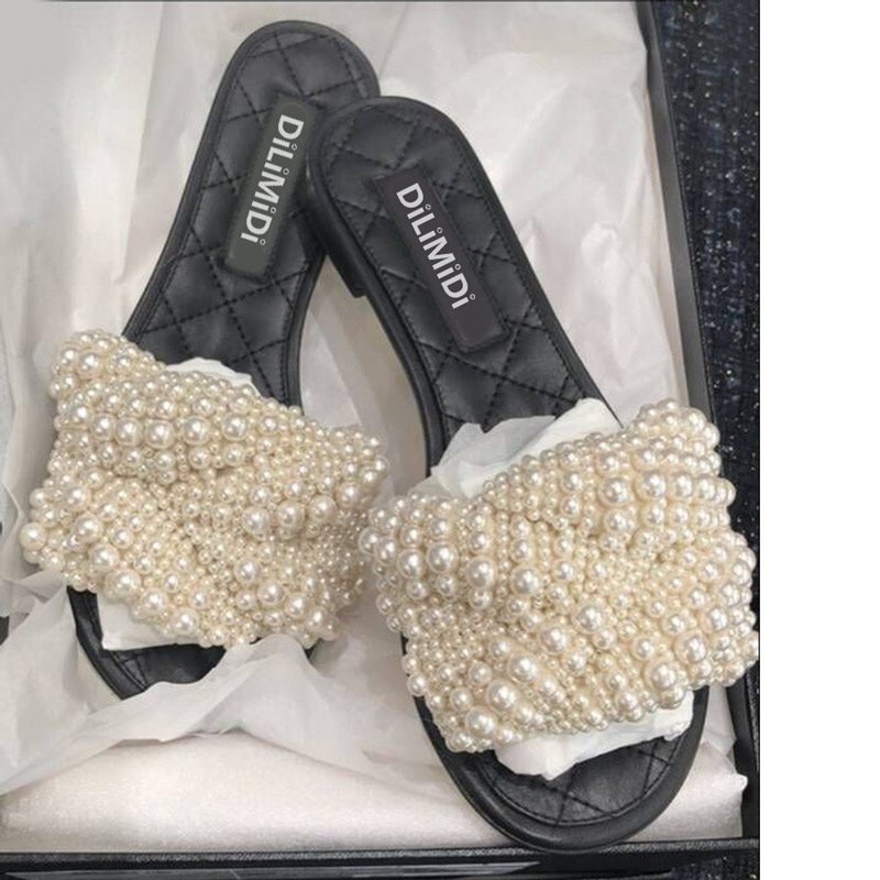 

2022 Spring Summer Pearl Slippers Open toe Women Shoes Slides Scuffs, Black