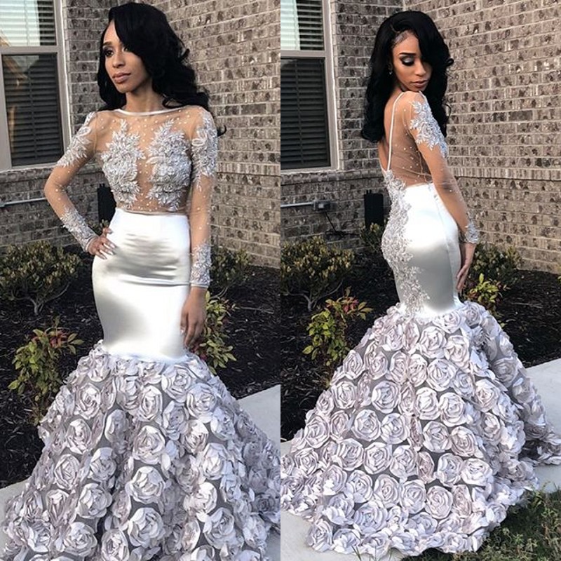 

Sexy Silver Mermaid Prom Dresses Jewel Neck Beads Lace Appliques Sheer Long Sleeve Party Dress Glamorous Backless South Africa Prom Dress, Light purple