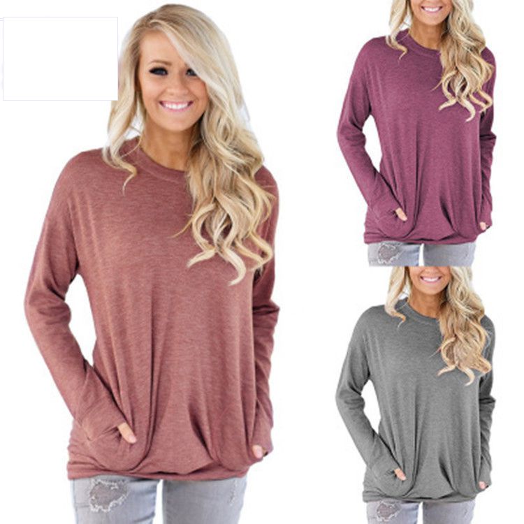2018 Autumn Winter Fashion New Women's Round Neck Long Bat Sleeve Pocket Decorative T Shirt 11 Colors Large Stock