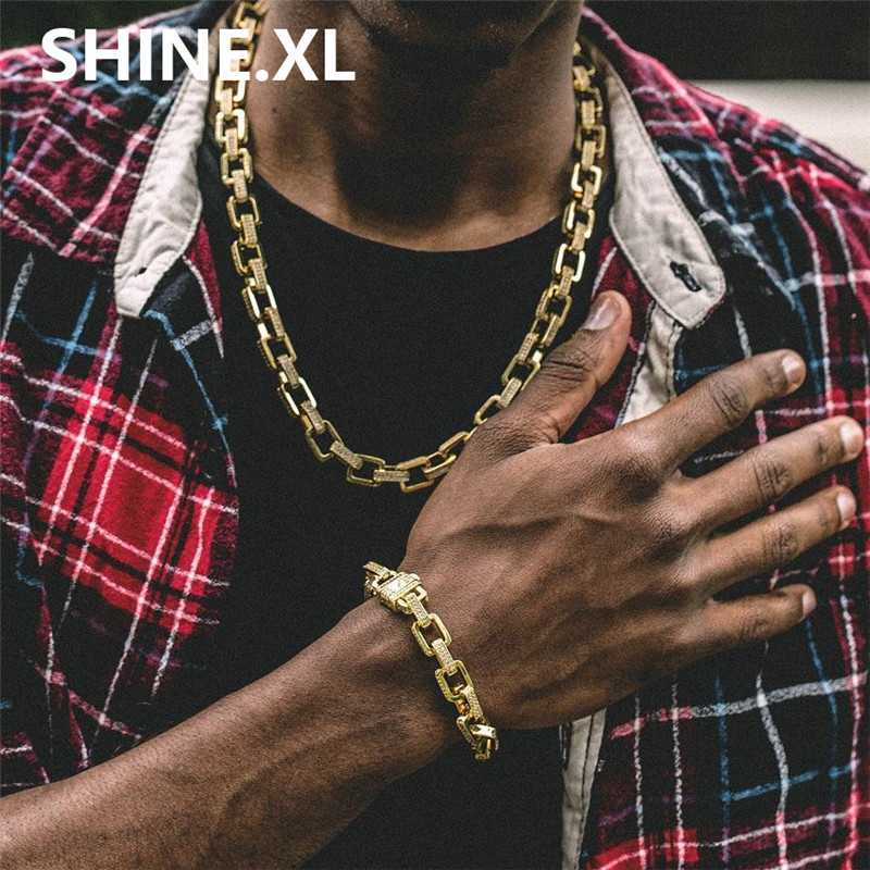 

Men's Gold Chain Necklace and Bracelets Copper Gold/Silver Color Plated Micro Pave CZ Stone Hip Hop Jewelry Set, Golden