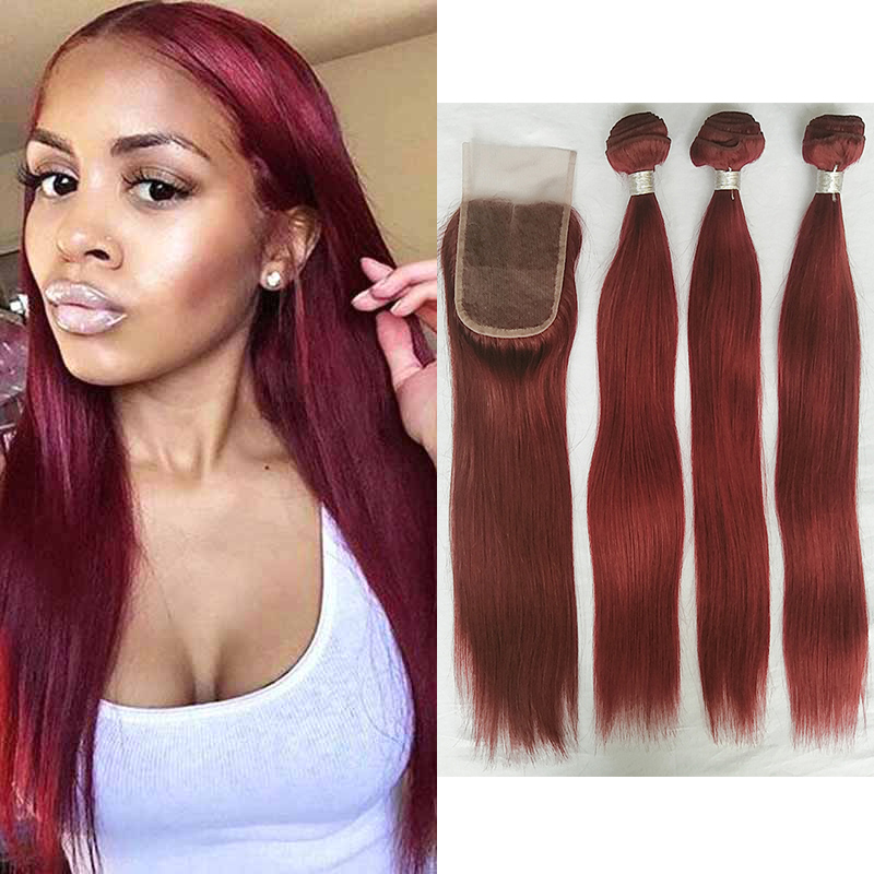 

Burgundy Wine Red 99J Straight Virgin Hair 3 Bundles with 4x4 Middle Part Lace closure Peruvian Malaysian Baby Human Hair Weaves Extension, Red #99j colors