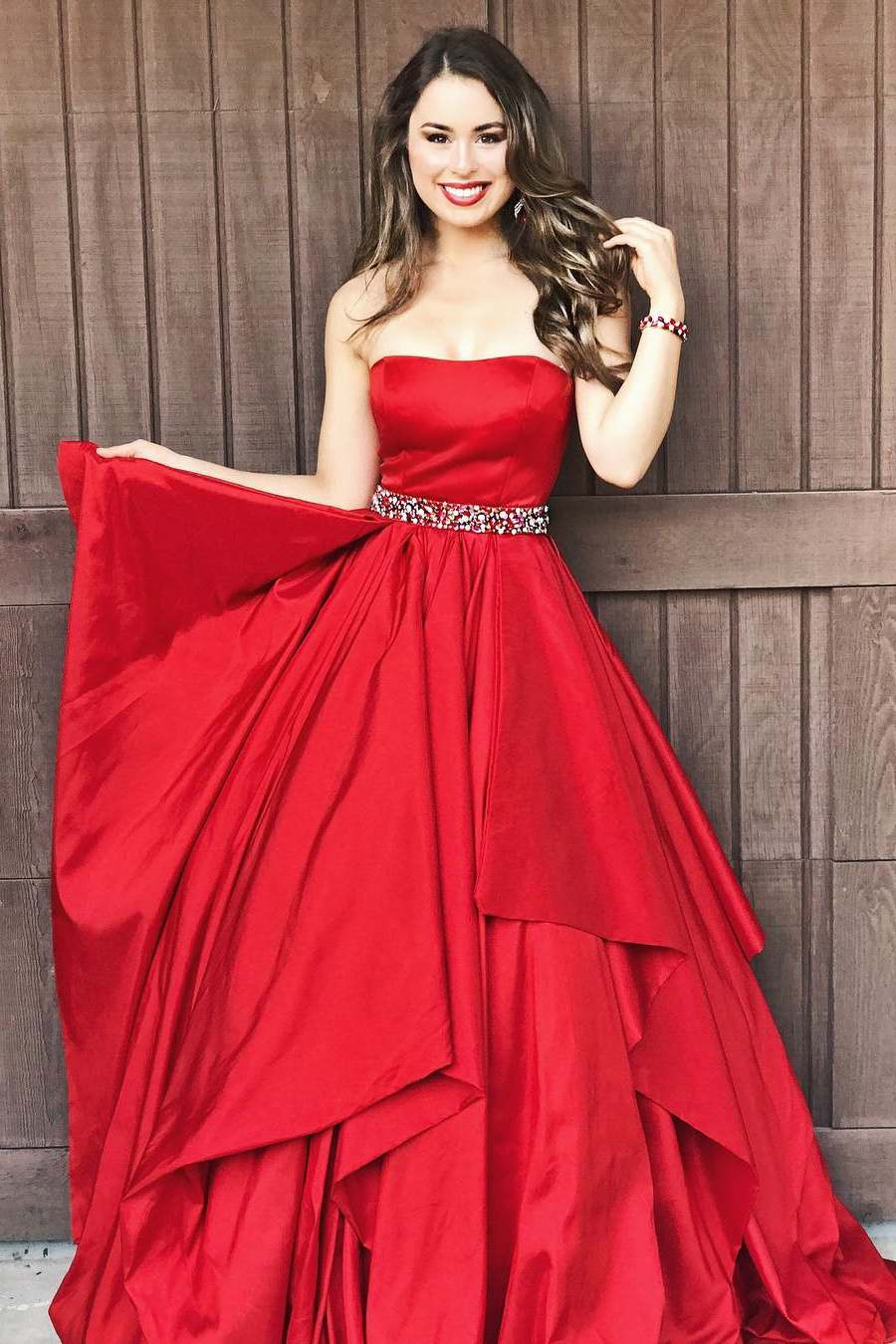 

Strapless Red Formal Dresses Beaded Sequins Waist A-Line Prom Dresses Ruffles Skirt Evening Party Dress Graduation Gowns, Light sky blue