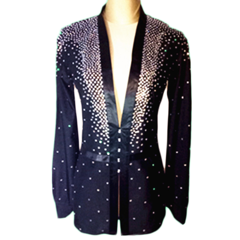 Latin Dance Shirts Men Black Long Sleeve V Neck Sequin Diamond Tops Ballroom Shirt Competition Performance Wear Customize DN2369-image-426513378