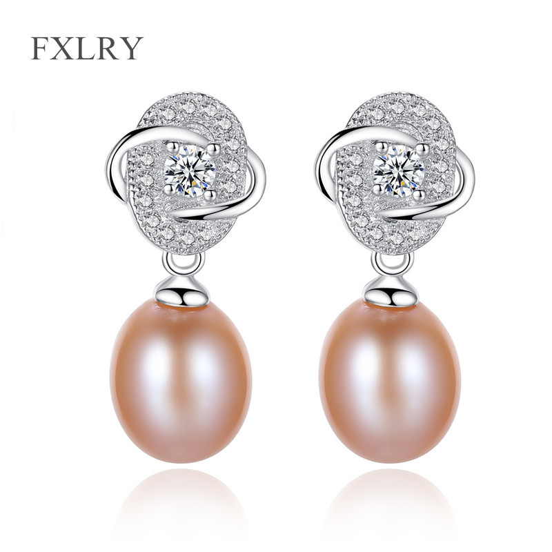 FXLRY Elegant S925 Sterling Silver Micro Paved Zircon Vintage Flower Top With Natural White Pearl Earrings For Women Fashio C18111901