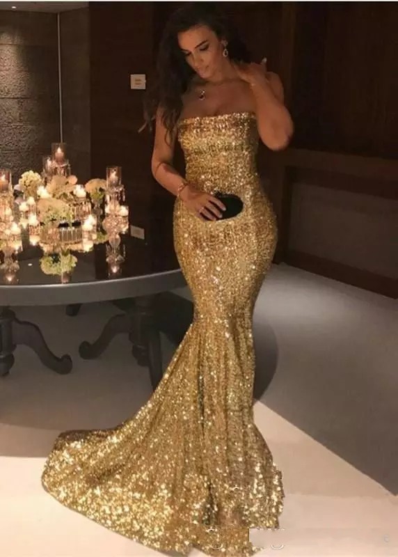 

2018 New Sparkling Strapless Bling Sequins Mermaid Evening Dresses Silver Gold Sweep Train Formal Party Red Carpet Runway Prom Gowns, Light sky blue