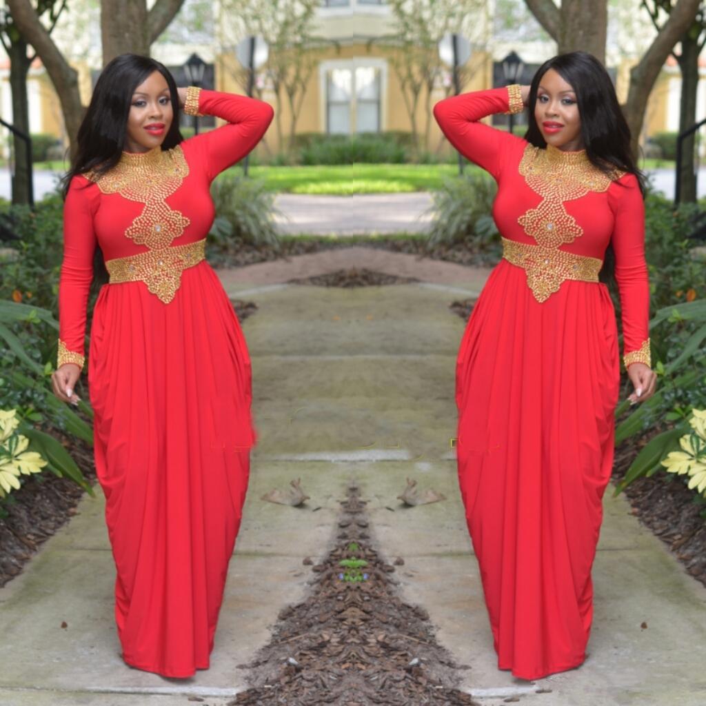 Morrocan Kftan Red and Gold Beads Turkish Dubai Abaya Evening Dress High Neck Long Sleeve African Style Muslim Prom Formal Gowns