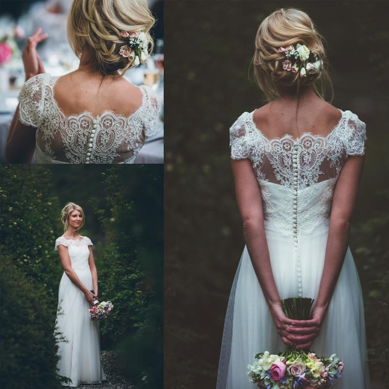 

Beach Wedding Dresses Vestido De Novia Forest Boho Long Short Sleeves Scoop Neck Tulle Button Back A Line Bridal Gowns, White