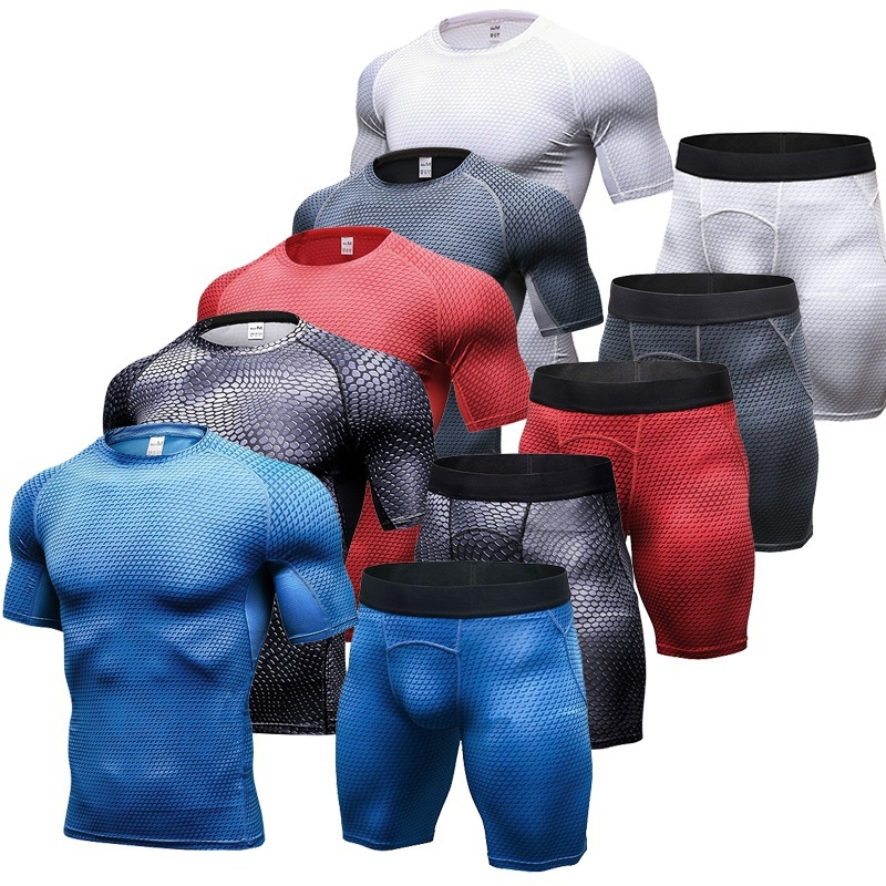 

Compression Muscle Men Tracksuit Demix Running Set Fitness Tight T-shirt Legging Shorts Men's Sportswear Gym Sport Suit, Black;blue