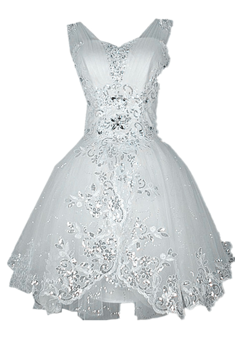 

Knee Length Women New Short Wedding Dress Sparkly Tulle Crystal Ball Gown Bridal Glitters Lace Custom Made Appliques Party Fashion Best, White