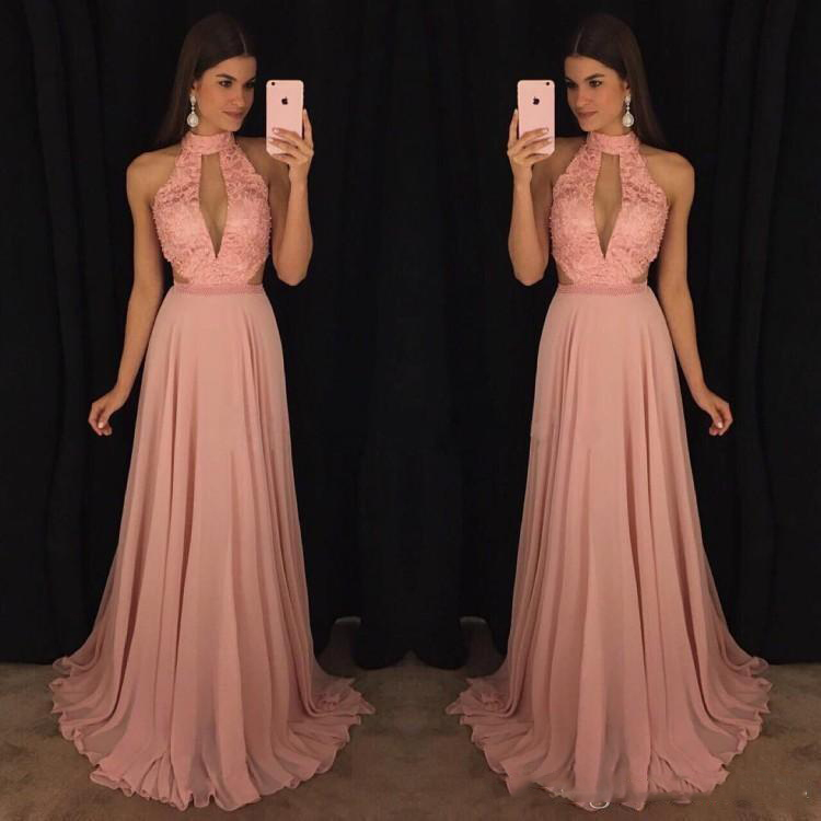 

2018 Blush Pink Prom Dresses Deep V-Neck High Neck A-Line Chiffon Lace Beaded Cutaway Sides Long Bridesmaid Evening Party Formal Gowns, Dark green