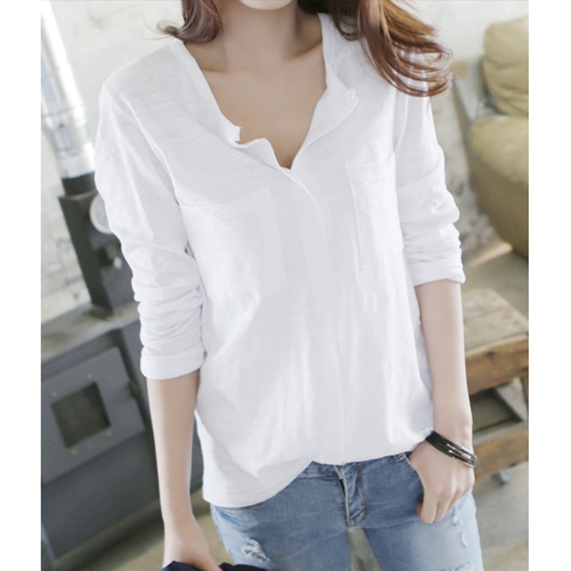 

New Summer Tops Fashion V Neck T-shirts Women Cotton T Shirt Women' Clothing Pocket White Long Sleeve Tee, Black