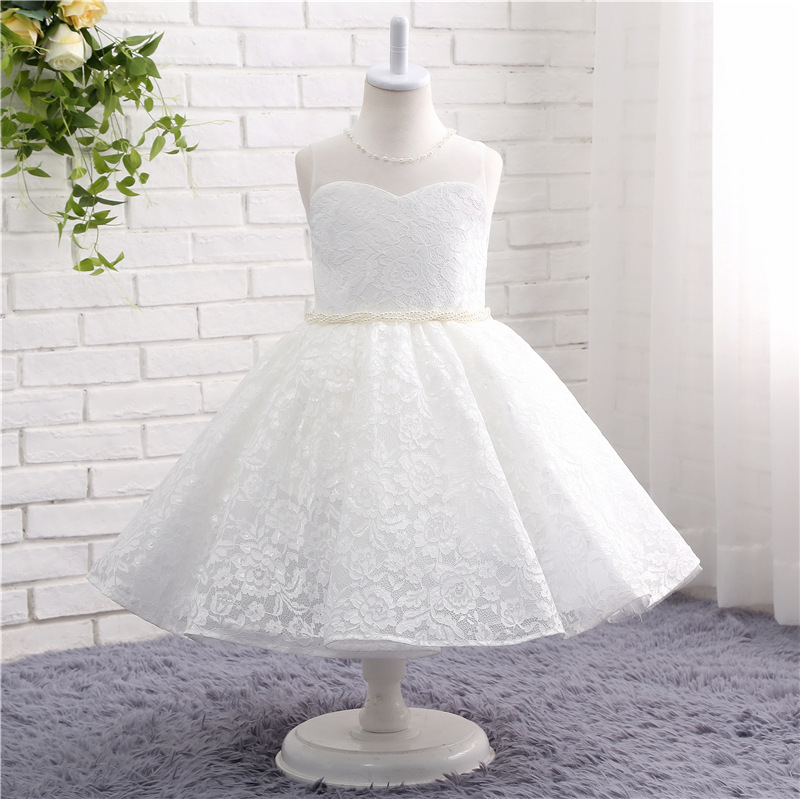 

Cute Lace Ball Gown Flower Girls Dresses High Quality Zipper Back Tea Length Pearls with Beads Girls Party Dresses, White