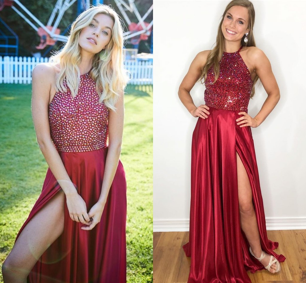 

Dark Red Crystal Split Prom Dresses Halter Satin Cutaway Sides Royal Blue Graduation Dresses Party Dresses Sweep Train, Brown