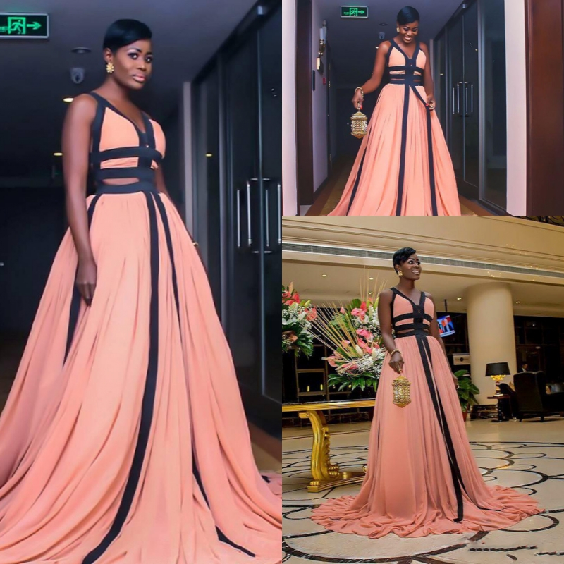 

Two Colors Chiffon Evening Gowns Spaghetti v Neck South African Simple Prom Dresses A Line Sweep Train Cheap Formal Party Dress, Dark navy