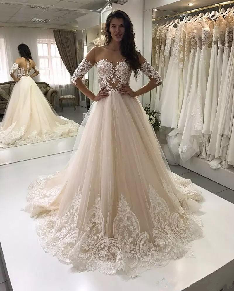 

Berta 2018 Sheer Bohemian Wedding Dresses Sexy Long Sleeve Off the Shoulder Lace Tulle Sweep Train Bridal Gowns Cheap Beach Wedding Dress, Gold