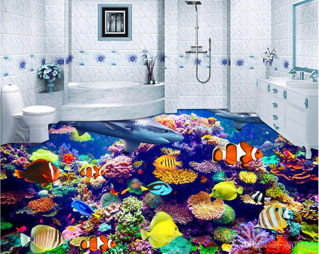 

3d pvc flooring custom photo Waterproof floor Undersea world coral dolphin fish living room 3d wall murals wallpaper for walls 3 d, Black